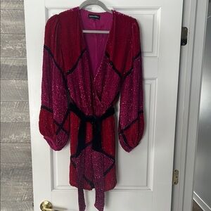 Retrofete Red and Pink Sequin Faux Wrap Mini Dress Large